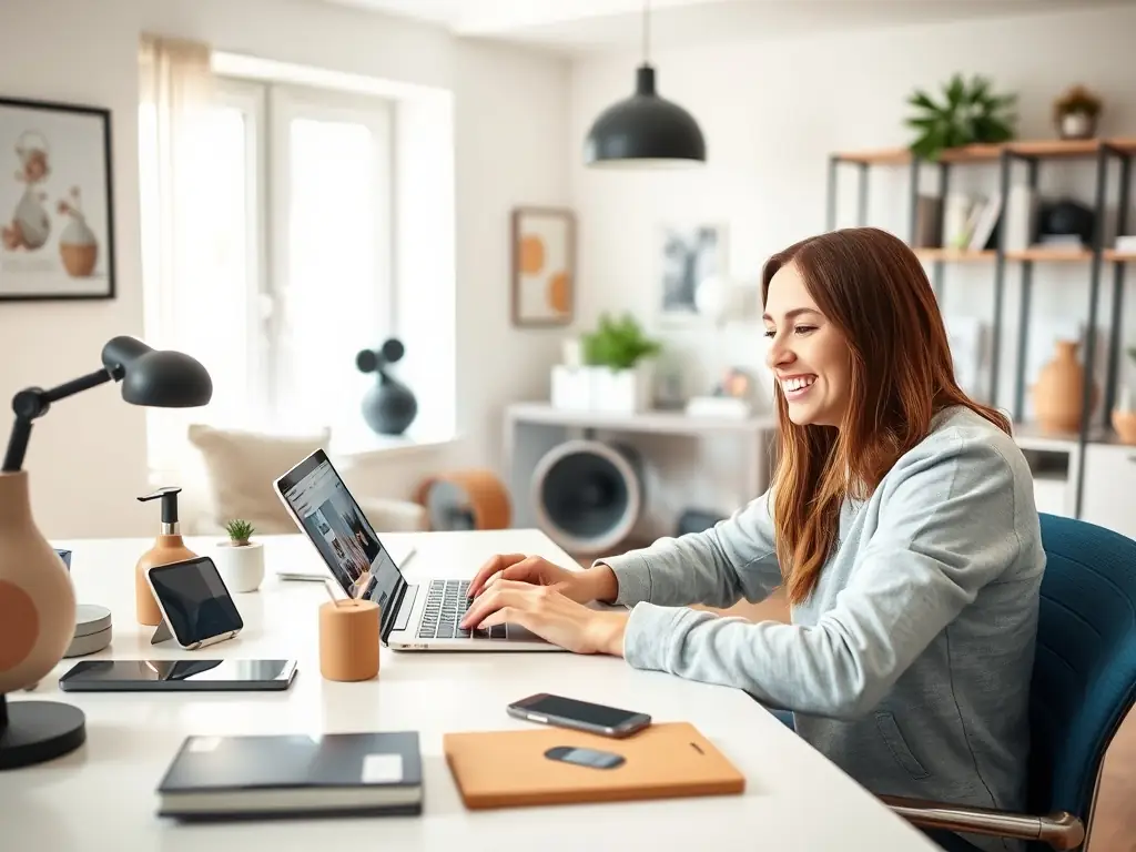 A captivating image of a customer happily interacting with an eCommerce website on their mobile device, showcasing a seamless and engaging user experience. The background should feature positive customer reviews and testimonials.