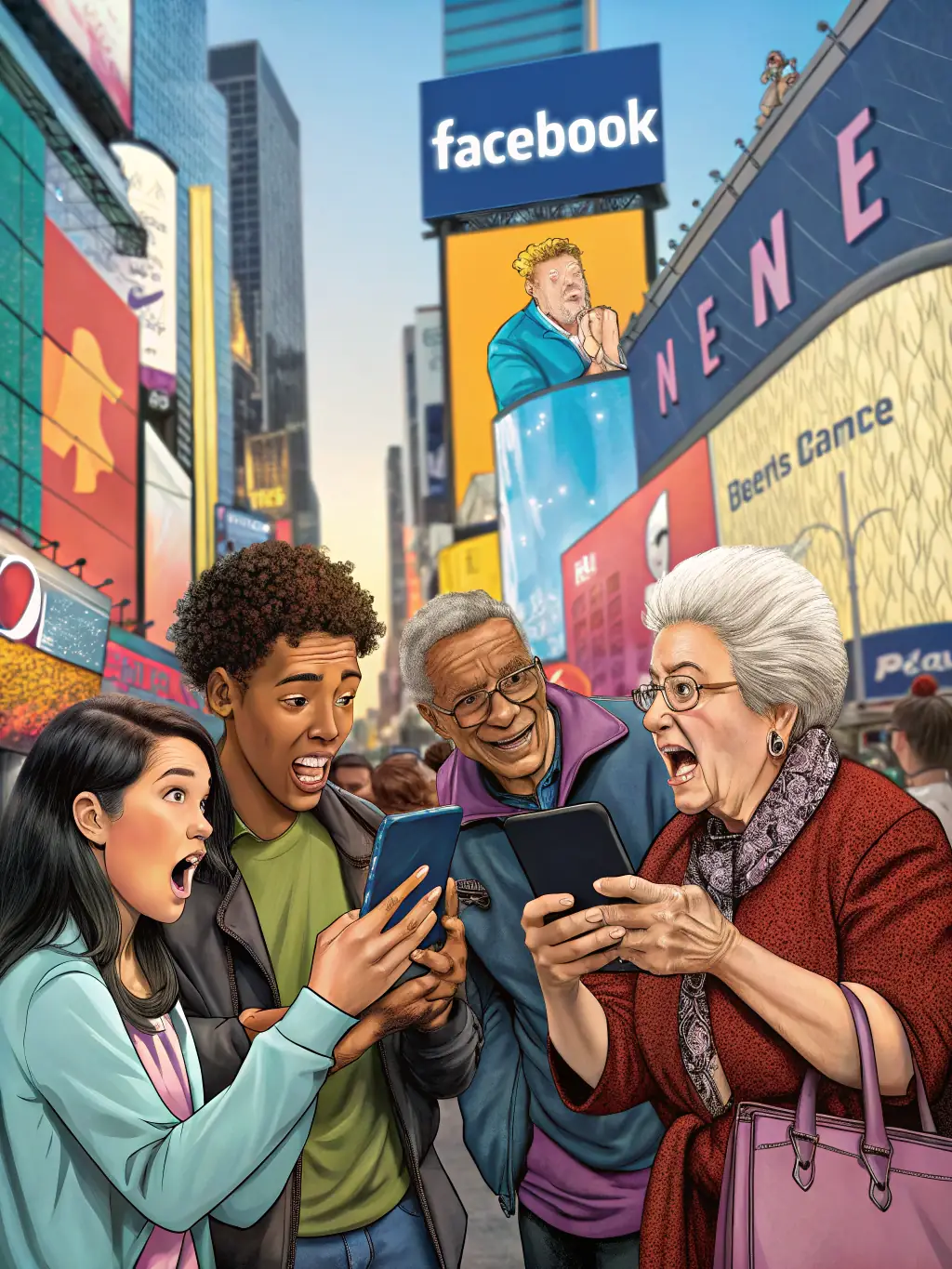 A visually compelling image of a diverse group of people representing a target audience, with subtle Facebook ad placements integrated into the scene.
