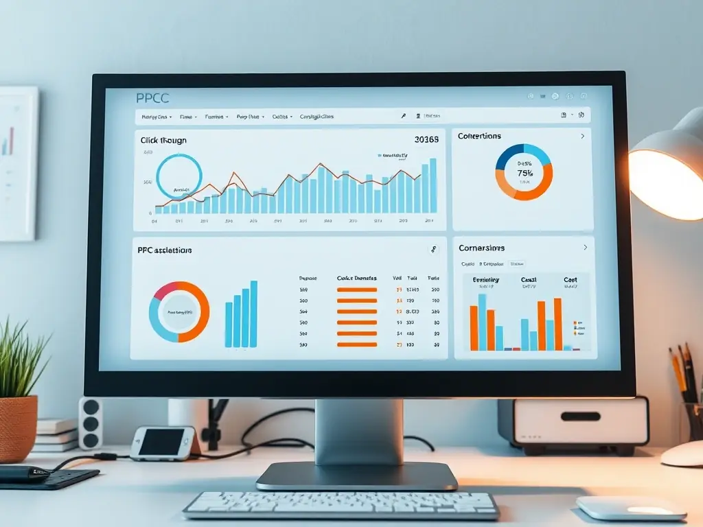 A visually compelling image showcasing a successful PPC campaign dashboard, highlighting key metrics such as click-through rates, conversion rates, and cost per acquisition, demonstrating the effectiveness of Omegacube's PPC strategies.