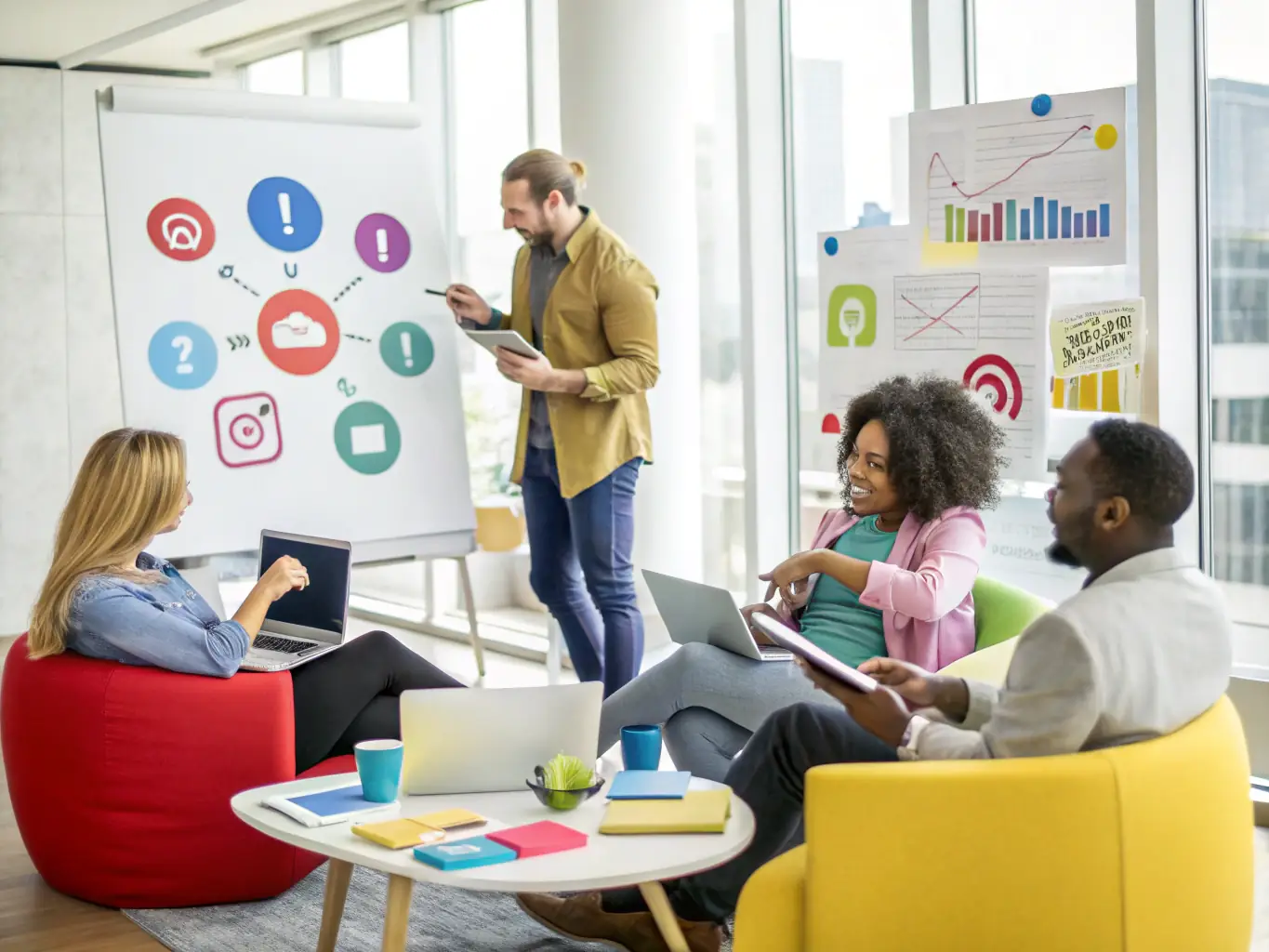 A vibrant image showcasing a diverse team of Omegacube's social media strategists brainstorming ideas in a modern, collaborative workspace, with charts and graphs displayed on large monitors in the background.