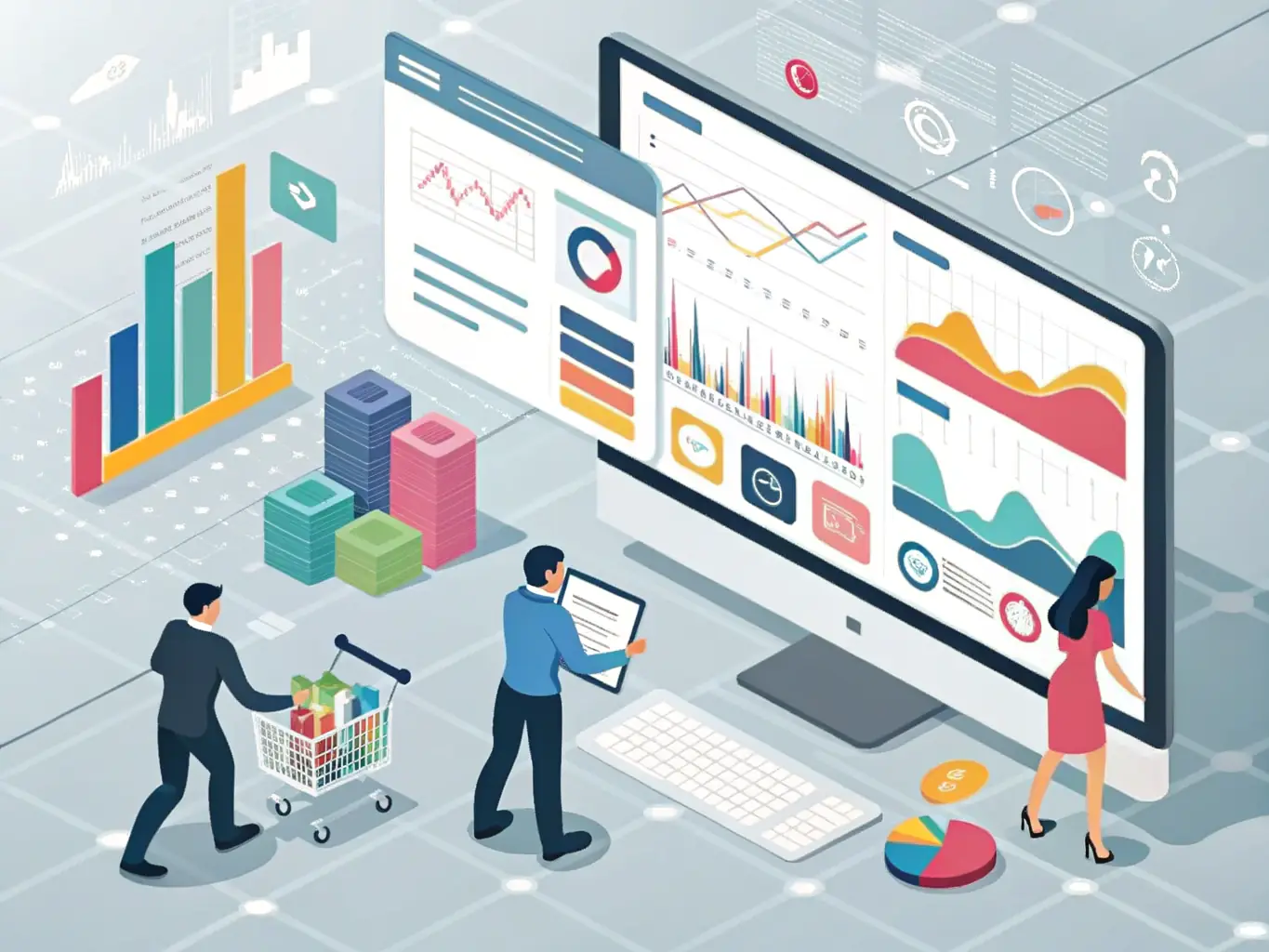 An image representing e-commerce analytics, showing recommendation engines and fraud detection systems powered by Omegacube's data science solutions.