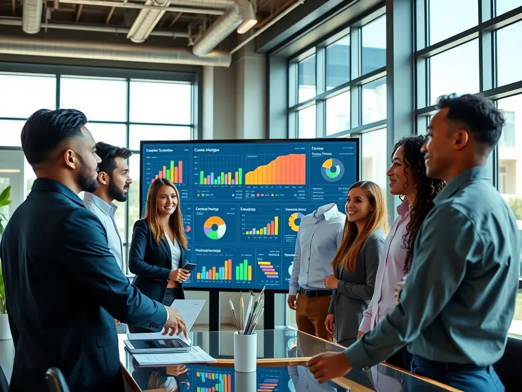 A professional team collaborating around a digital dashboard, analyzing customer data and optimizing marketing strategies within the Omegacube CRM system.