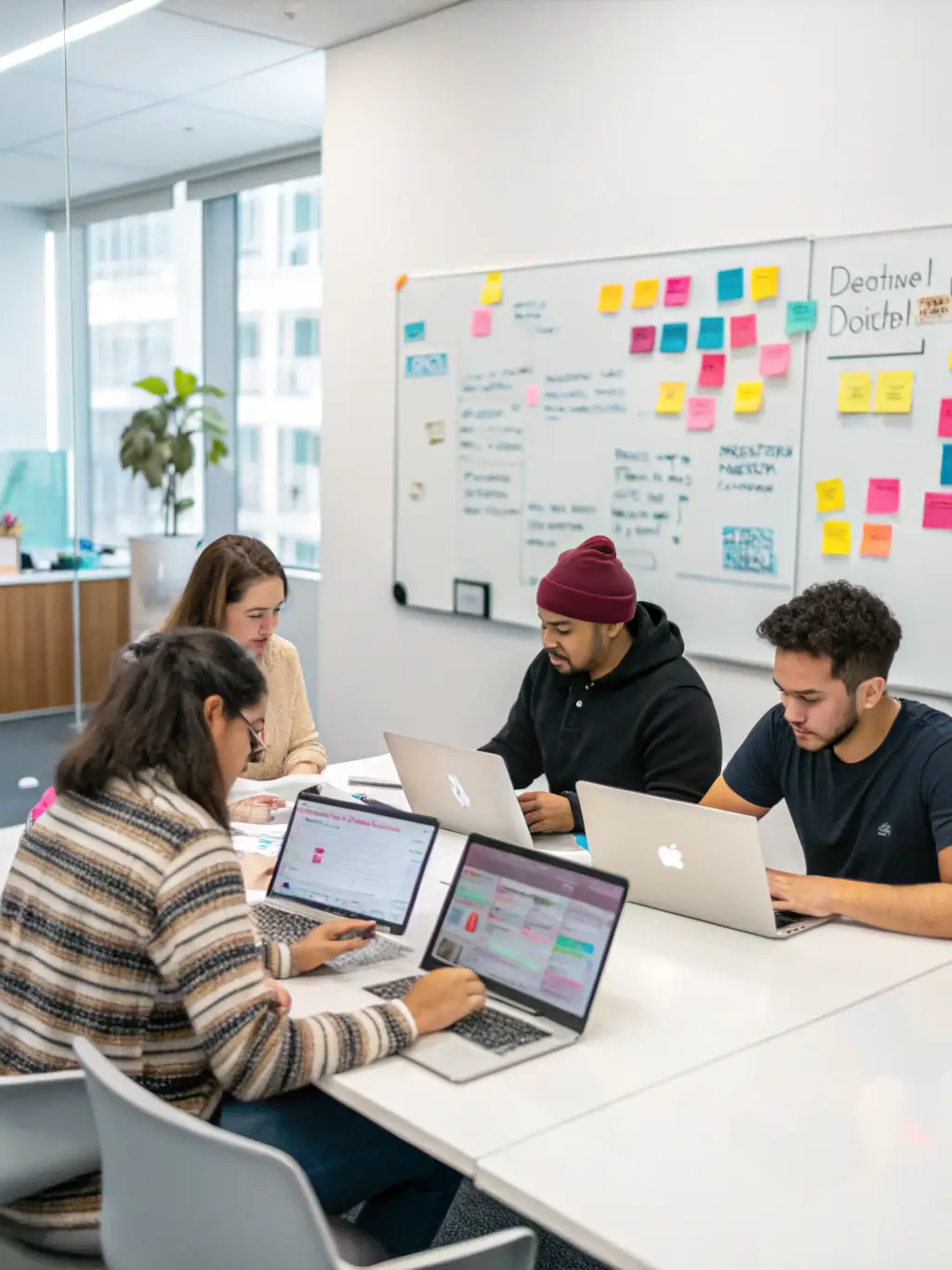 A high-quality photo of a diverse team brainstorming content ideas for Amazon Posts in a modern office setting, emphasizing collaboration and creativity.