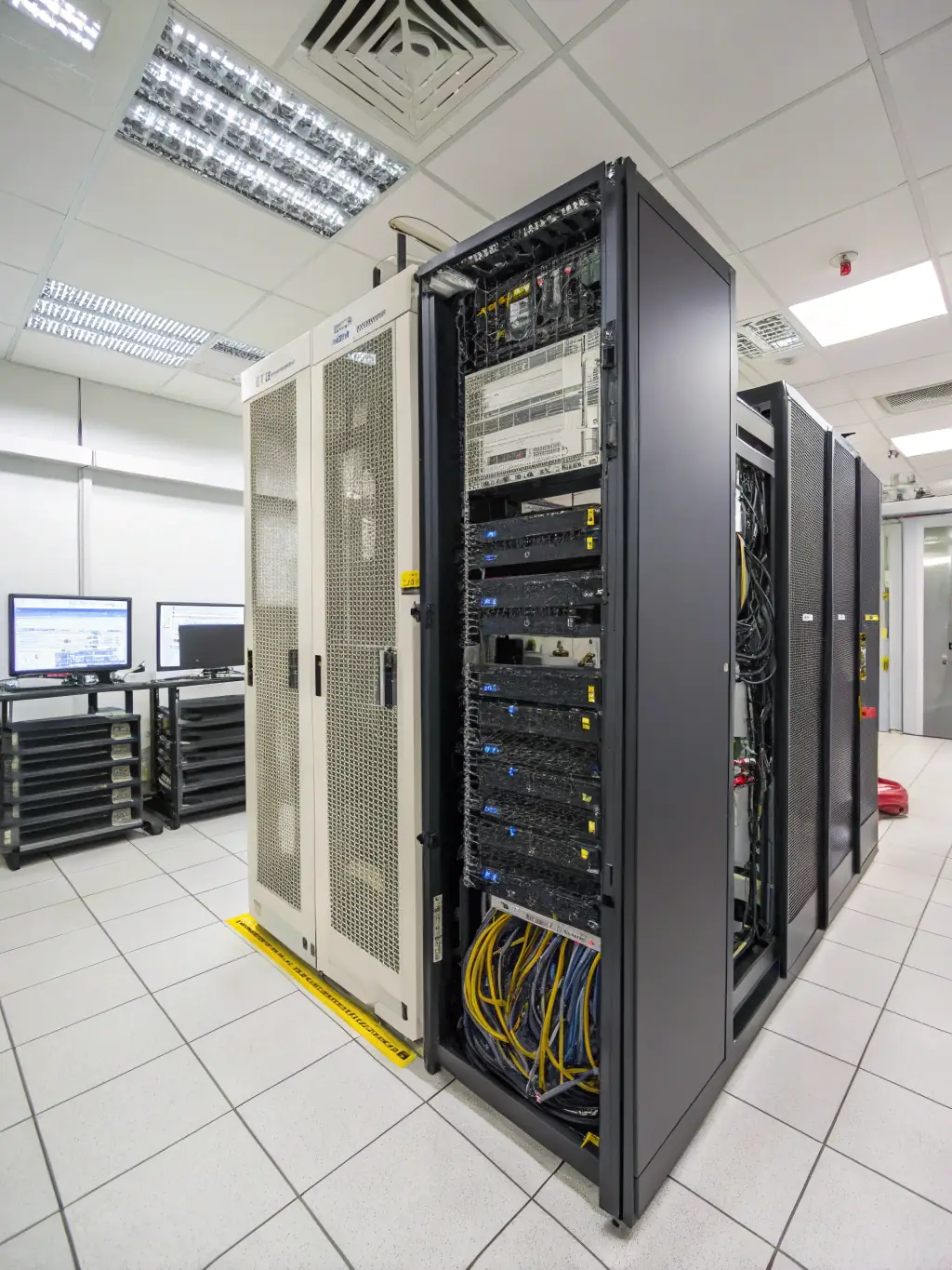 A professional photograph of a server room with blinking lights and visible server racks, emphasizing the reliability and infrastructure of Omegacube's hosting services.