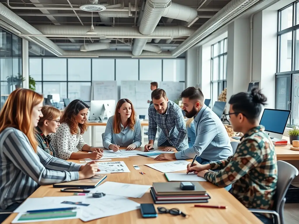 A photo of a diverse team of web designers collaborating around a large monitor displaying website wireframes and design mockups, set in a modern, open-plan office environment, symbolizing the collaborative and creative process of website design.