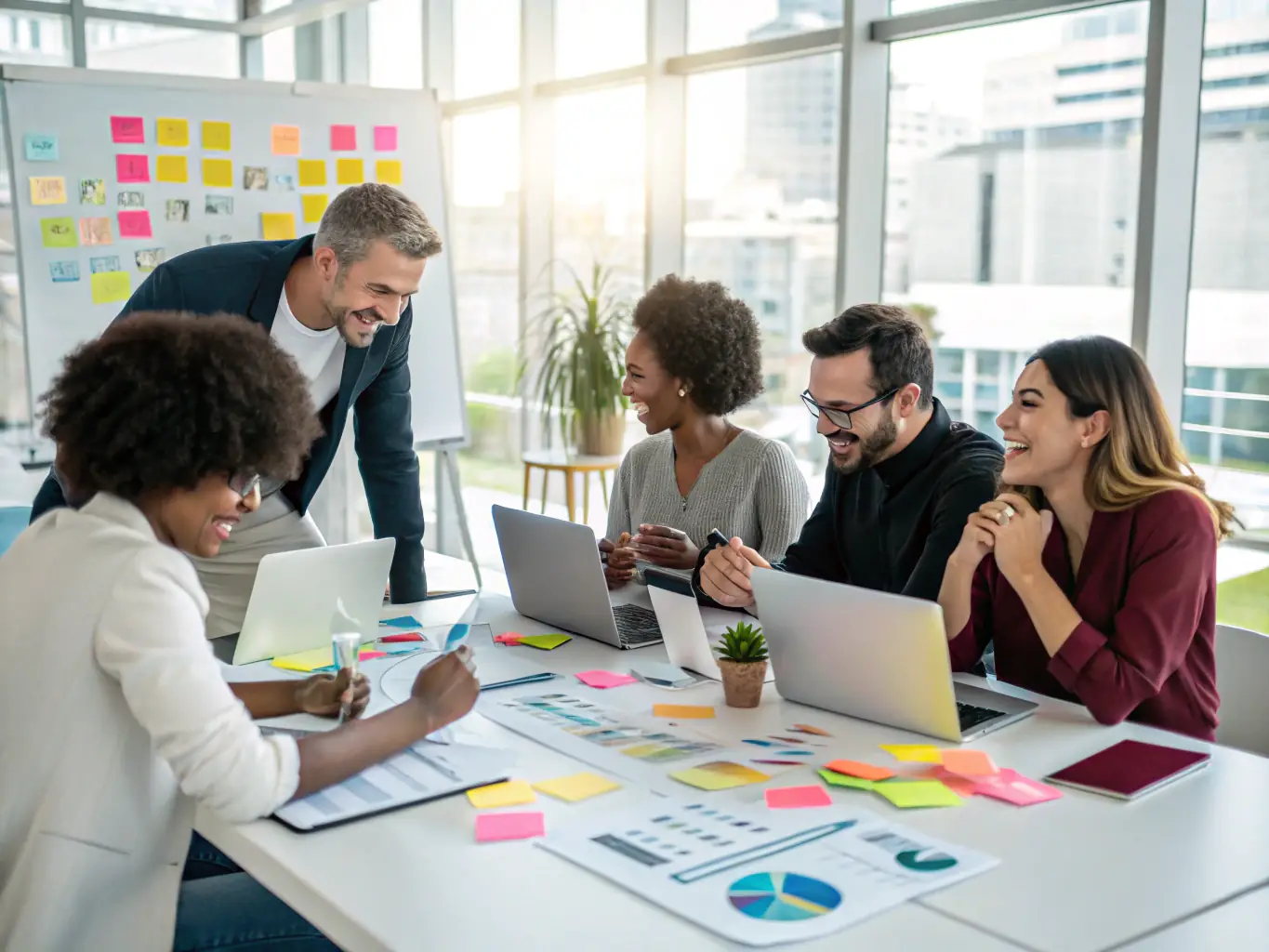 A focused team of Omegacube strategists collaborating on an Amazon DSP campaign plan in a modern office setting, emphasizing data-driven decision-making and strategic alignment.