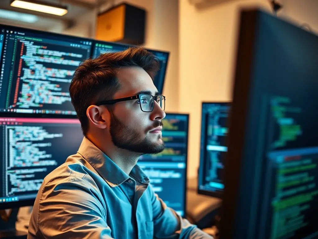 A software engineer, representing the technology industry, is coding on a computer, highlighting Omegacube's proficiency in securing backlinks for tech companies.