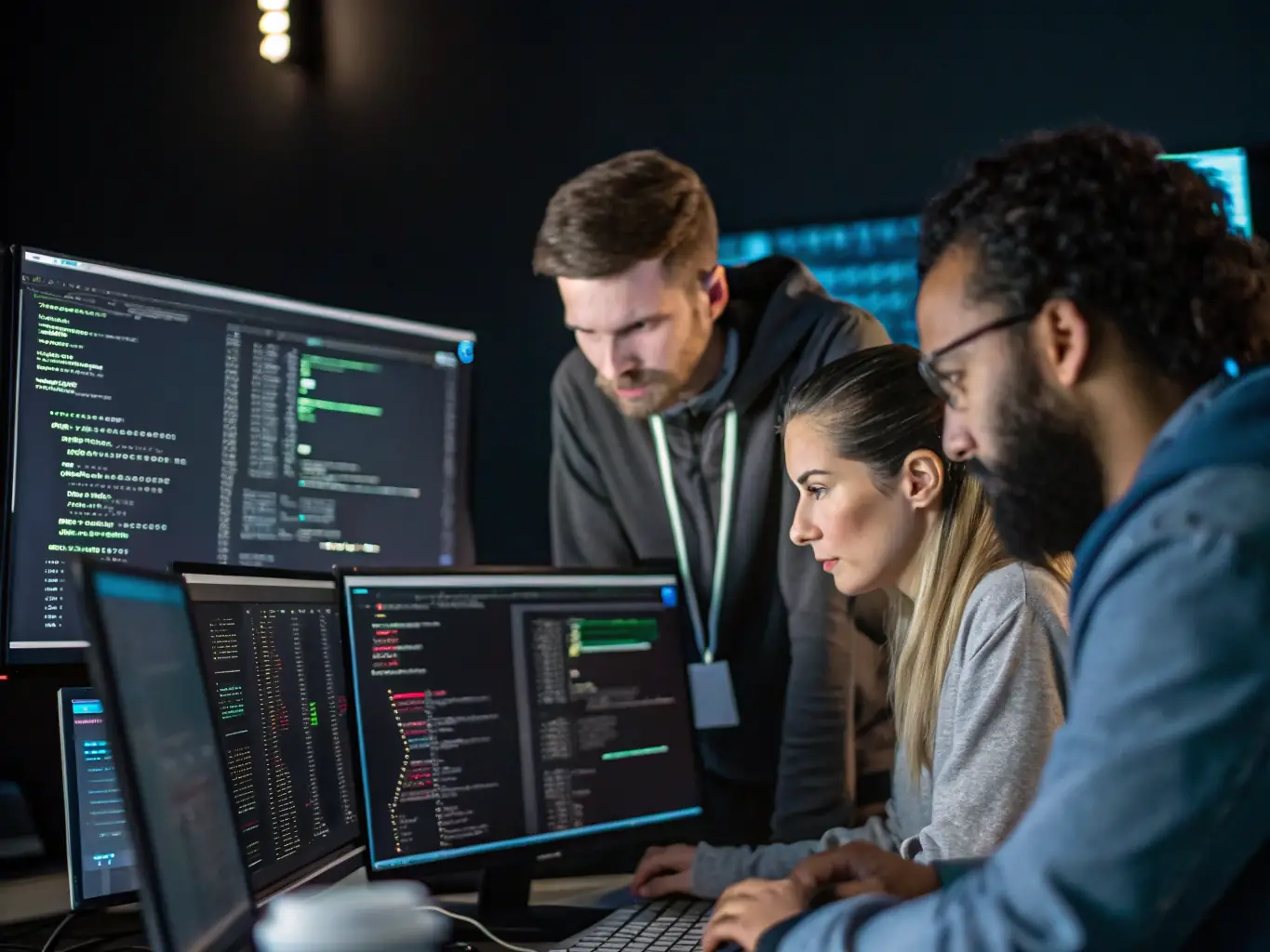 A team of IT professionals working on computers, monitoring website performance and security, with a focus on maintenance and updates.