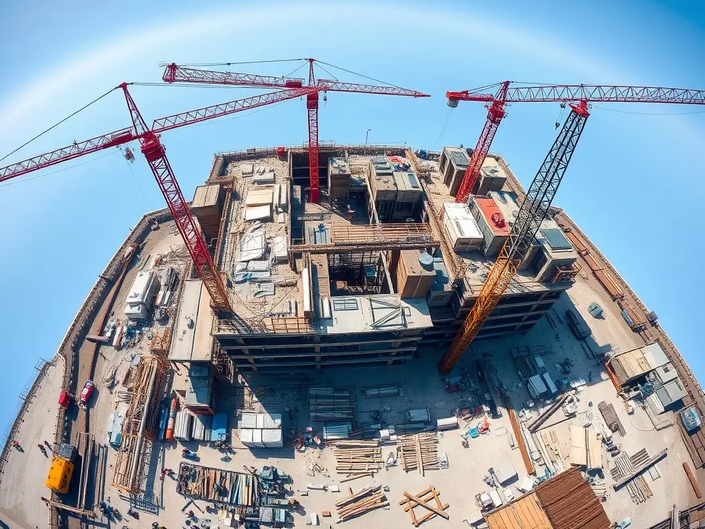 A 360° panoramic view of a large construction site, capturing the progress of the project from an aerial perspective, with visible landmarks and ongoing construction activities.