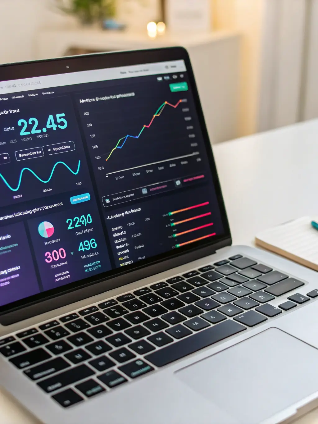 A close-up shot of a laptop screen displaying a website's analytics dashboard, highlighting increased organic traffic and improved search engine rankings, symbolizing the SEO benefits of optimized website copy.