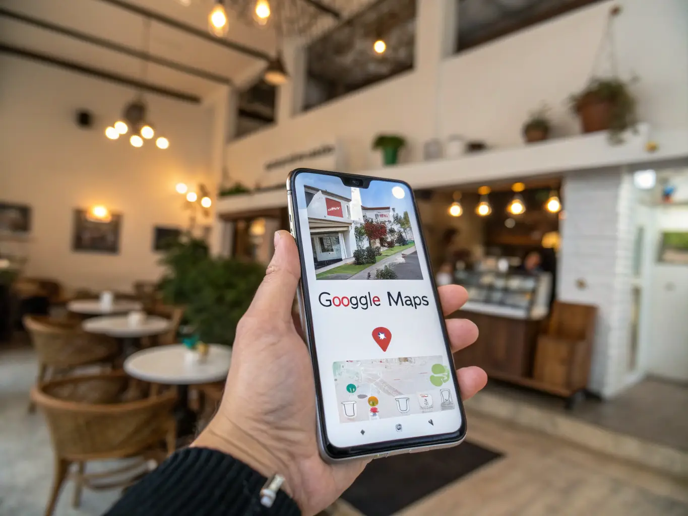A close-up shot of a smartphone displaying a Google Maps search result for a local franchise, highlighting the importance of mobile SEO for attracting on-the-go customers.