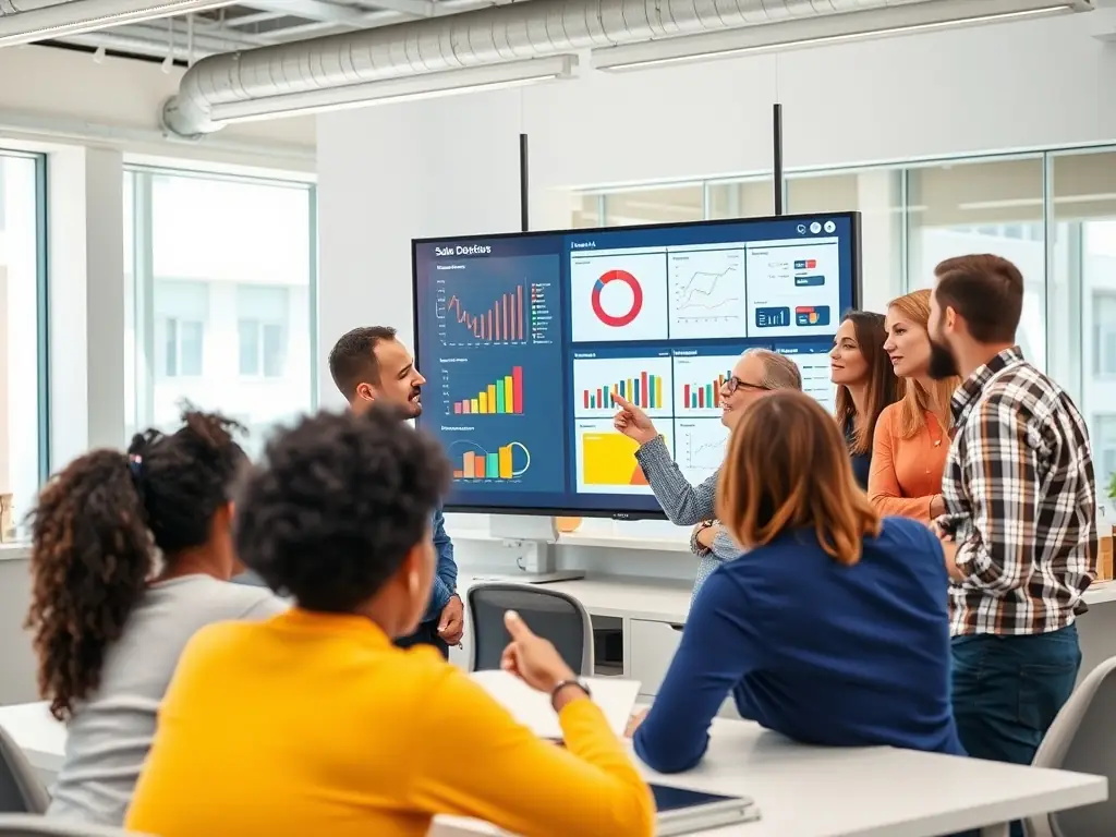 A sales team leader is presenting a sales performance report to their team, using a bar graph to illustrate sales growth over the past quarter. The atmosphere is collaborative and focused, with team members actively engaged in the discussion.