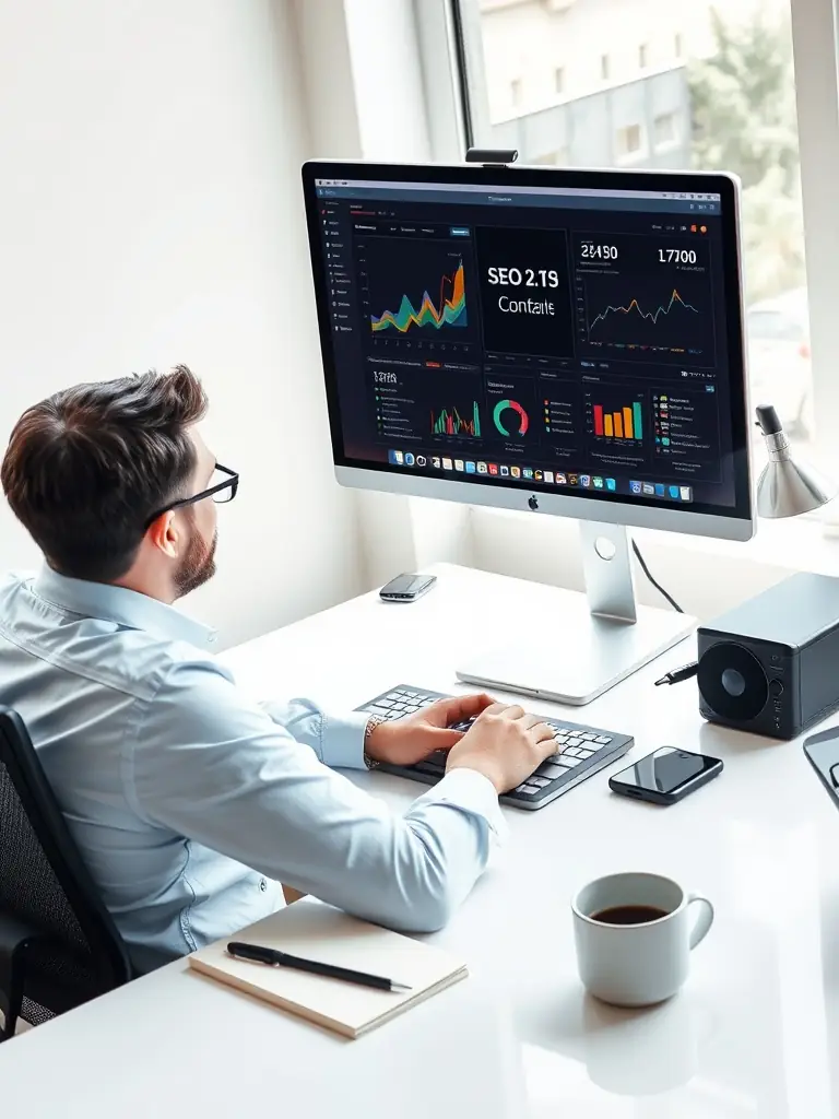 A skilled SEO specialist analyzing website data and optimizing content to improve search engine rankings, reflecting Omegacube's expertise in SEO services.