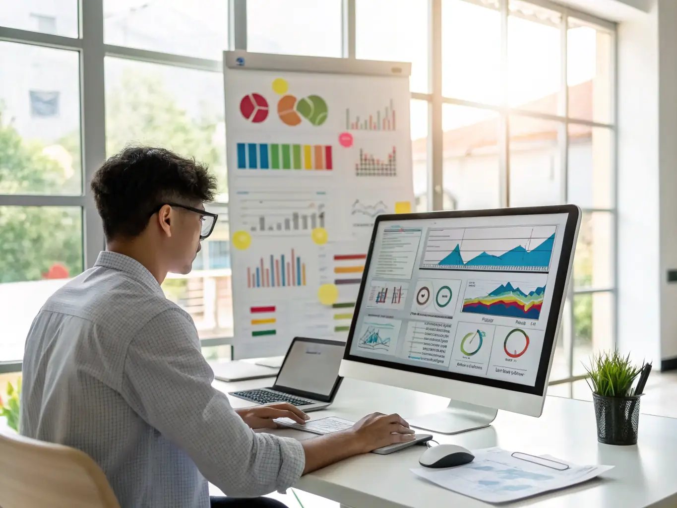 A digital marketing expert is analyzing SEO performance metrics on a laptop, with charts and graphs illustrating website traffic and keyword rankings, set in a modern office environment.