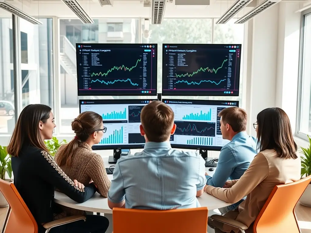 A professional team of PPC specialists collaborating in a modern office setting, analyzing campaign data on multiple screens, with charts and graphs illustrating successful ad performance and ROI.