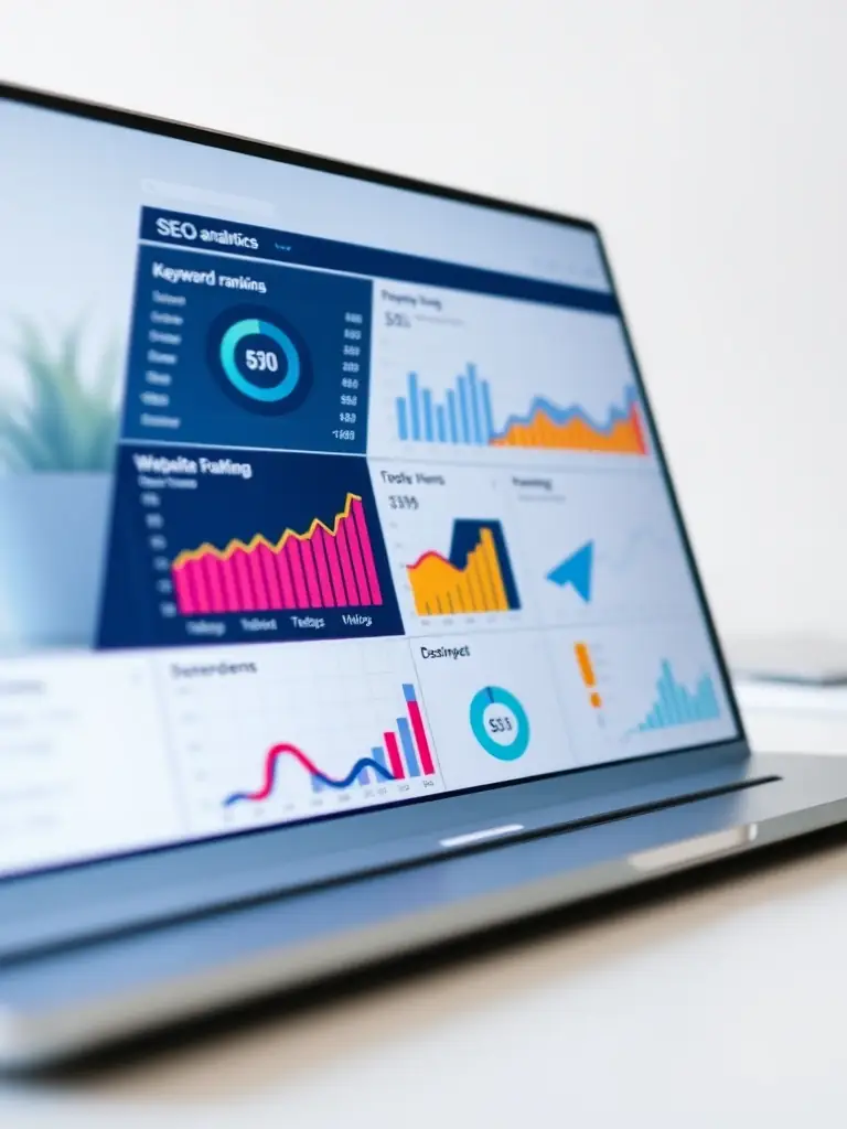 A focused image of a laptop screen displaying SEO analytics dashboards, showcasing keyword rankings and organic traffic growth, in the context of Omegacube's SEO services for eCommerce businesses.