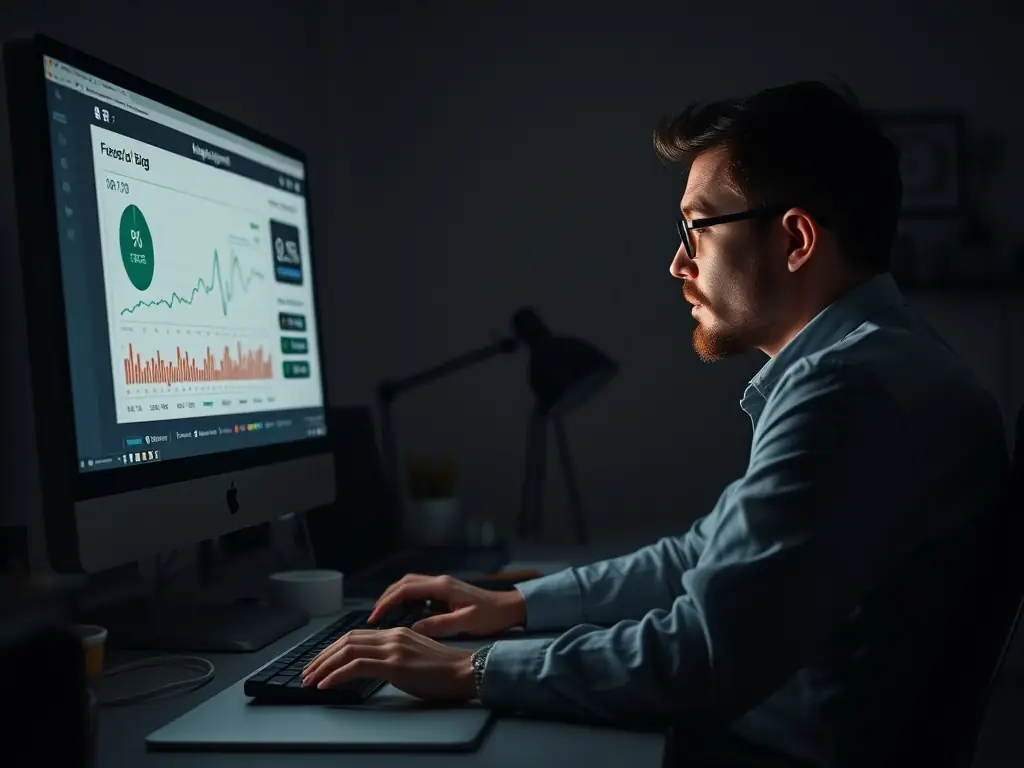 A focused digital marketing team member analyzing eCommerce PPC campaign data on a computer screen, with charts and graphs illustrating performance metrics.