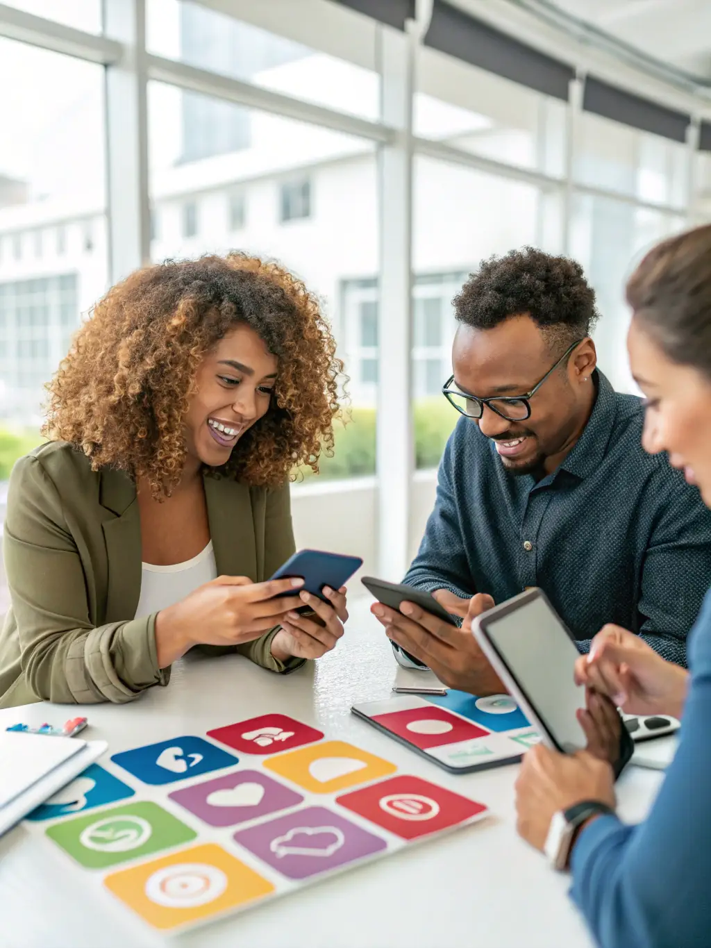 An image depicting a diverse group of people interacting with social media content on various devices, symbolizing increased customer engagement for OmegaQube clients.
