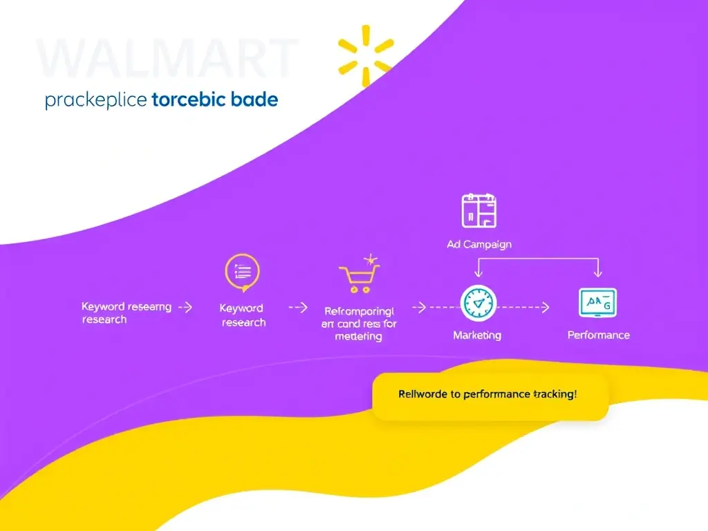 A graphic illustrating the process of Walmart marketplace marketing, including keyword research, ad campaigns, and performance tracking.