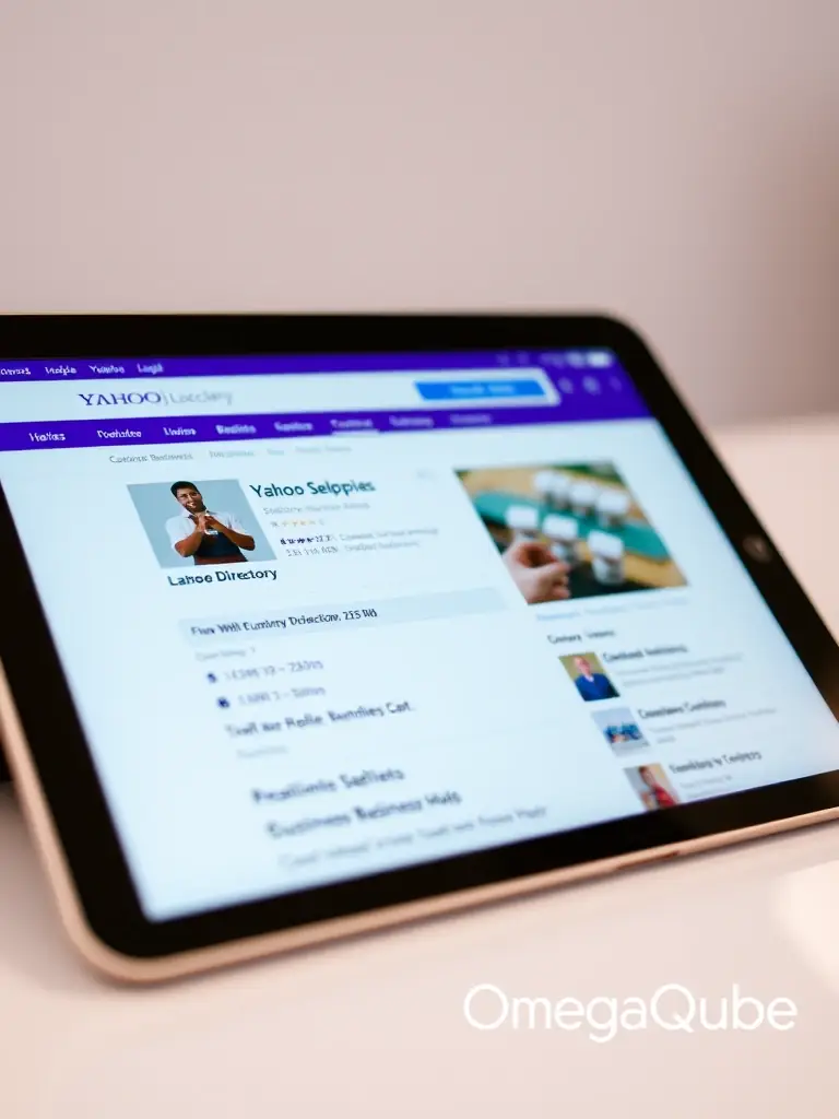 A close-up shot of the Yahoo Local business directory interface on a tablet, showcasing a detailed business profile with customer reviews, contact information, and business hours. The OmegaQube logo is subtly placed in the corner of the screen.