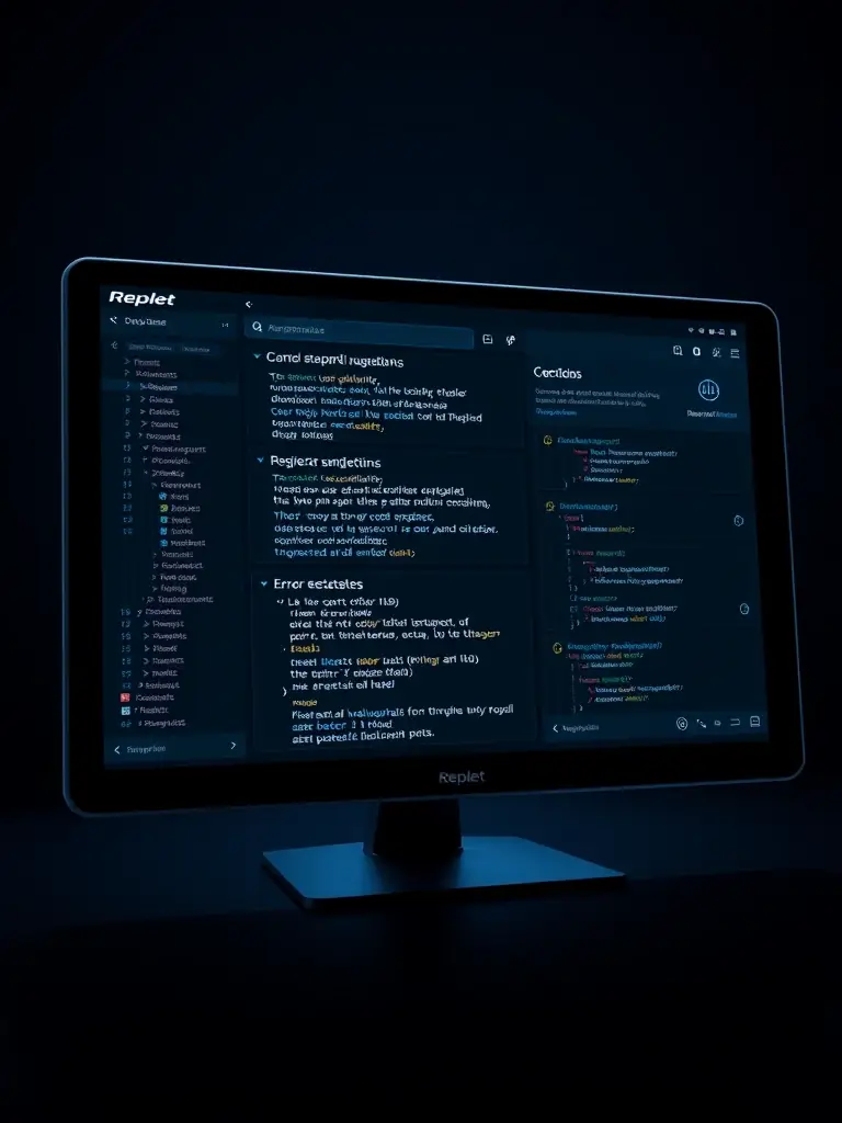 An image of the Replet platform interface, showcasing its AI-powered coding assistance features, such as code completion, error detection, and automated refactoring.