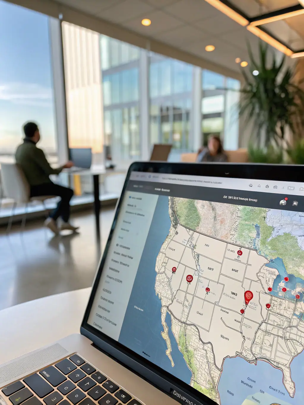 A high-angle, eye-level photograph of the Google Maps interface on a desktop computer, displaying a map of a bustling city center with several business locations marked by pins. The OmegaQube logo is subtly placed in the corner of the screen.