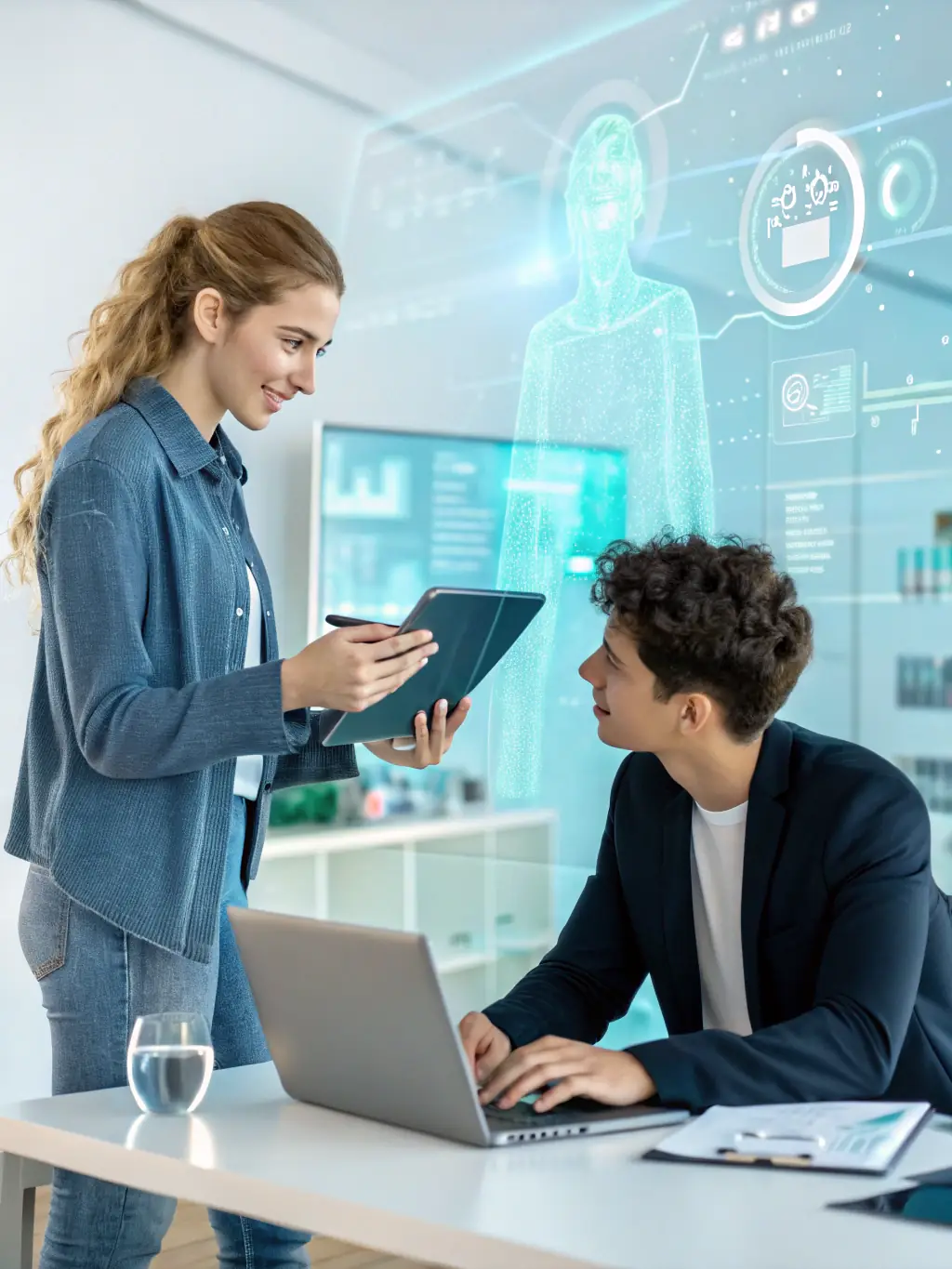 A digital illustration depicting an AI assistant coding an app interface on a holographic screen, with various code snippets and design elements floating around, symbolizing the speed and efficiency of AI-powered app development.