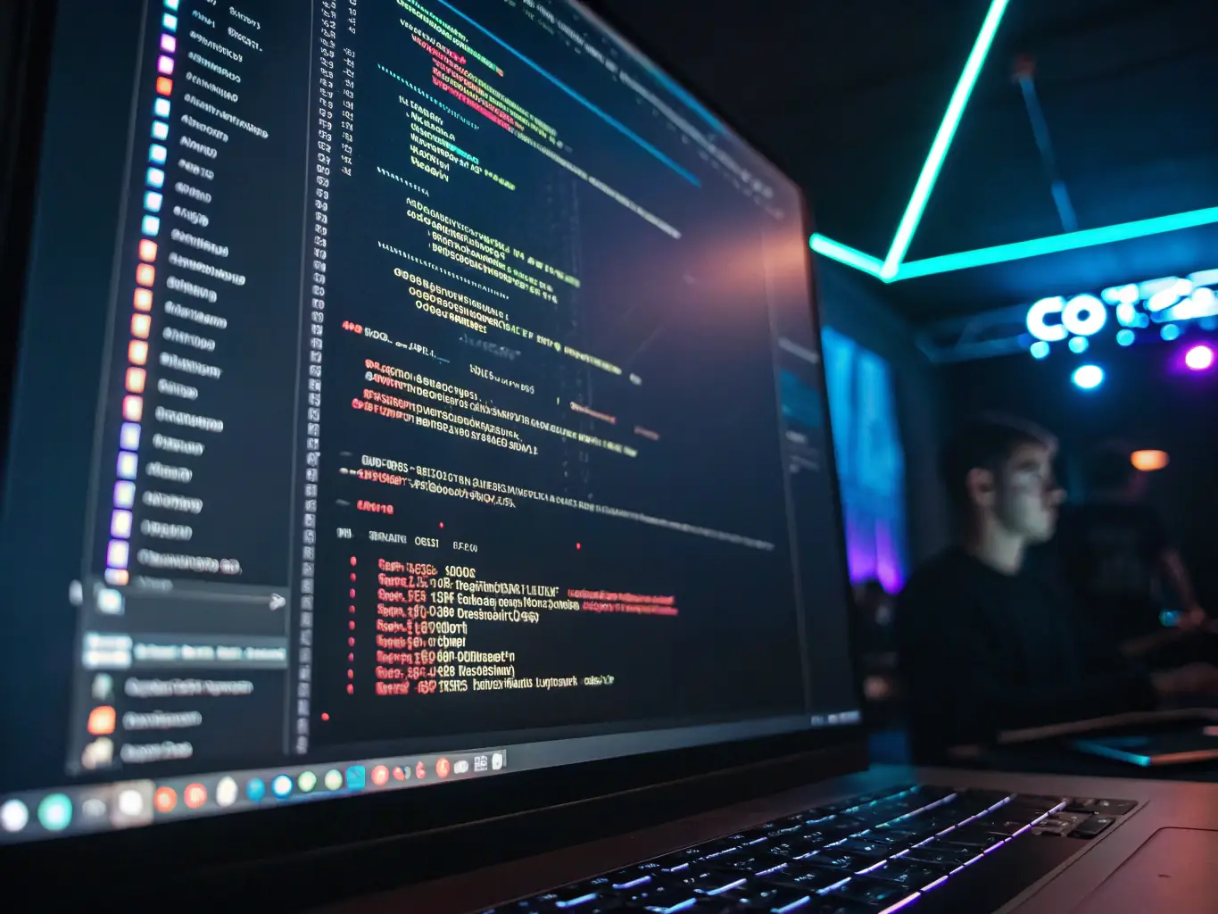 A futuristic digital interface displaying lines of code being automatically generated and compiled by an AI, with a progress bar showing rapid completion.