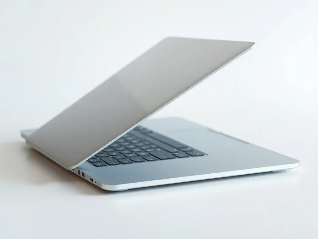 A product photograph of a stylish laptop on a clean desk setup, focusing on its sleek design and functionality, ideal for attracting business professionals and tech enthusiasts.