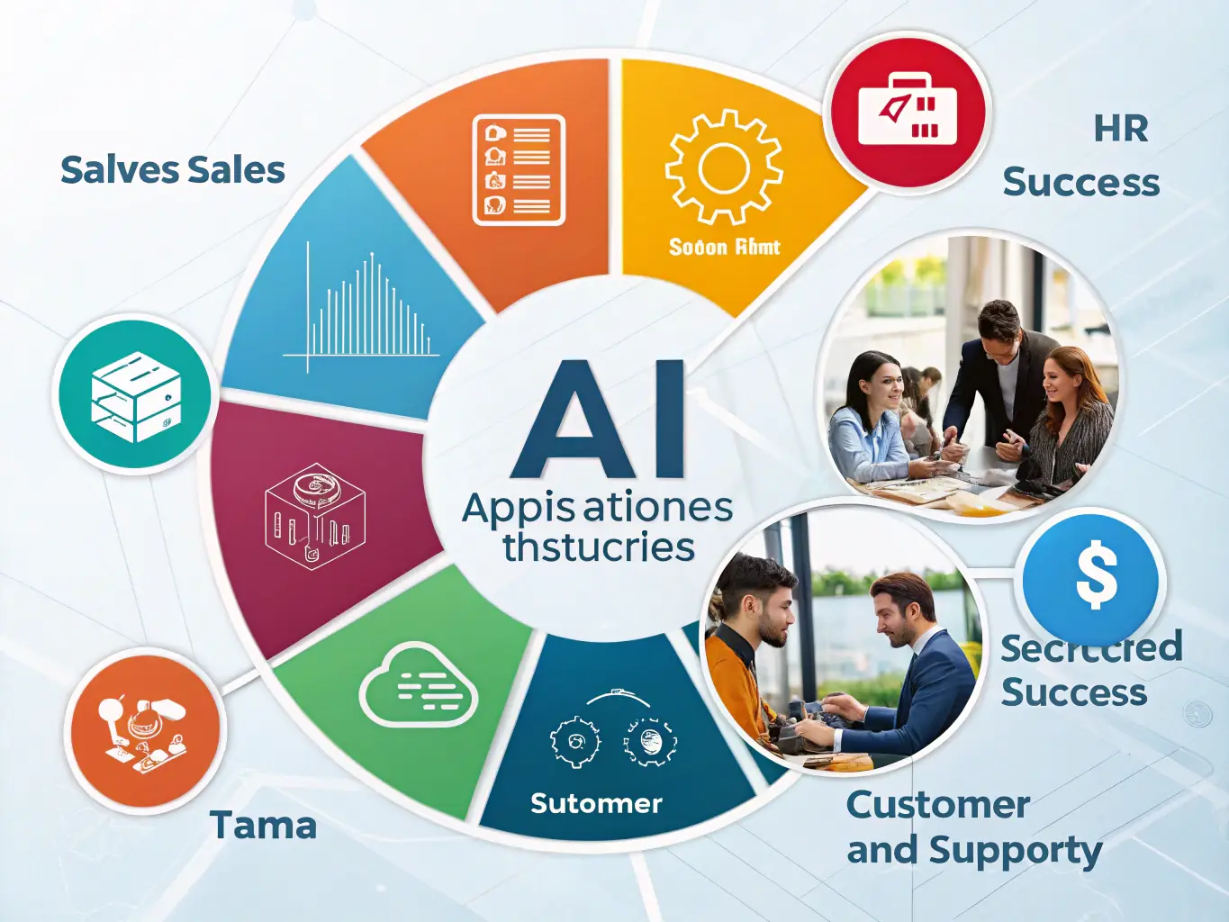 An image showcasing the wide range of use cases for no-code AI across various sectors, including retail, finance, and healthcare. The image features icons representing each sector, connected by a network of AI-powered solutions.
