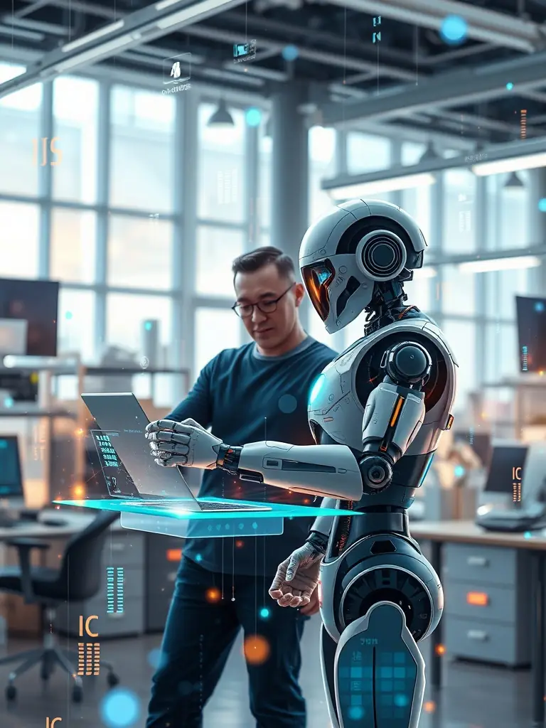 A digital construction site with a towering AI Agent (a powerful, multi-limbed R2-D2 model) acting as a full-stack engineer, managing a complex codebase that flows around it like a digital waterfall. SaaS App Guys and Web Guys stand nearby, overseeing operations, some giving voice commands.
