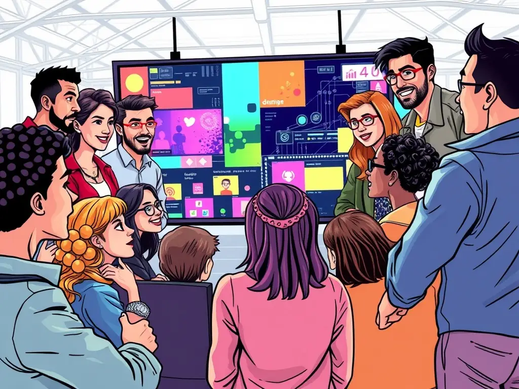 A vibrant image depicting a diverse group of professionals collaborating on a no-code AI platform, showcasing its user-friendly interface and accessibility. The setting is a modern office space, emphasizing the collaborative and innovative nature of no-code AI development.