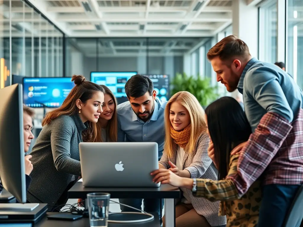 A diverse team collaborating around a holographic display showcasing a fully functional app prototype, highlighting the ease of use and collaborative features of the platform.