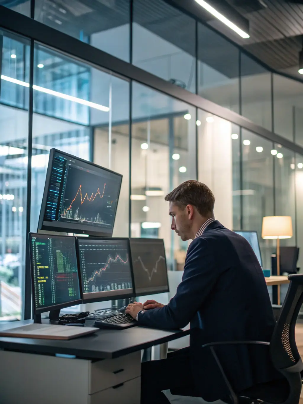 A data analyst reviewing marketing performance dashboards on multiple screens, illustrating Omegacube's data-driven approach.
