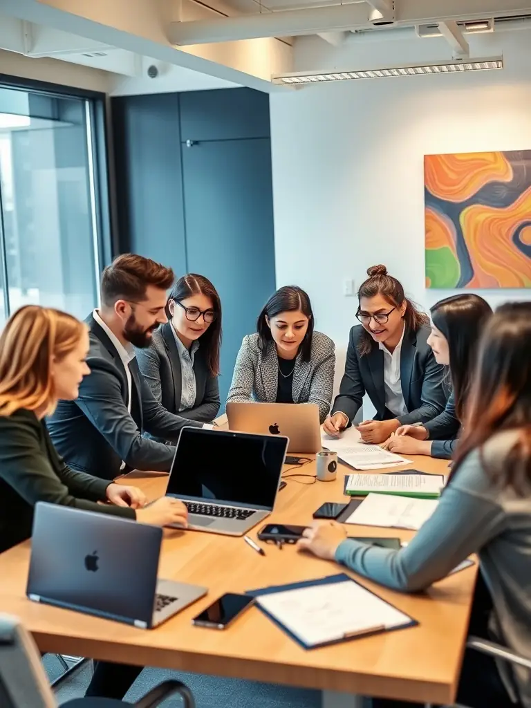 A diverse team collaborating on a media project, showcasing Omegacube's collaborative and innovative work environment.