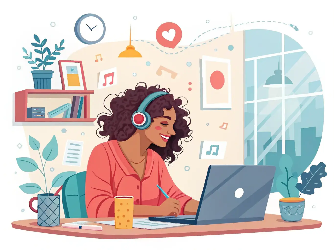 A visually appealing image representing content marketing, such as a person writing a blog post on a laptop with graphics showing engagement and shares.