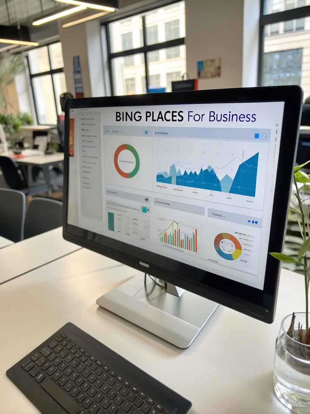 A screenshot of the Bing Places for Business dashboard on a laptop, highlighting key metrics such as impressions, clicks, and customer actions. The OmegaQube logo is subtly placed in the corner of the screen.