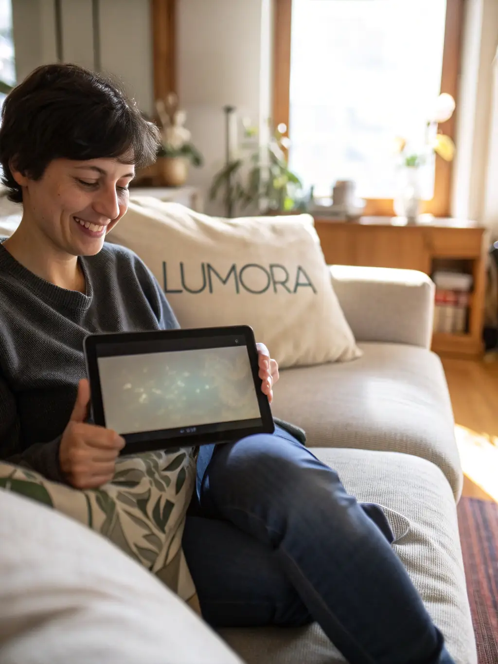 A lifestyle shot of a person using a digital product, such as an e-book on a tablet, in a cozy and inviting setting, demonstrating the product's usability and enhancing the customer's experience.