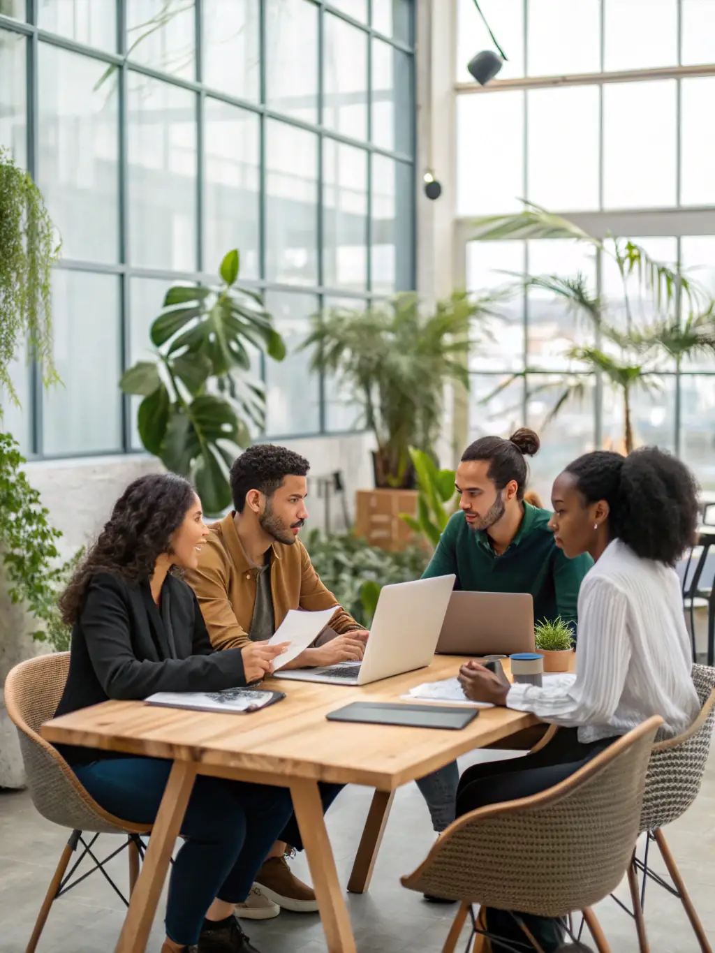 A diverse group of small business owners using no-code AI tools on their laptops and tablets, collaborating and building AI-powered applications for their businesses. The scene is set in a modern co-working space.