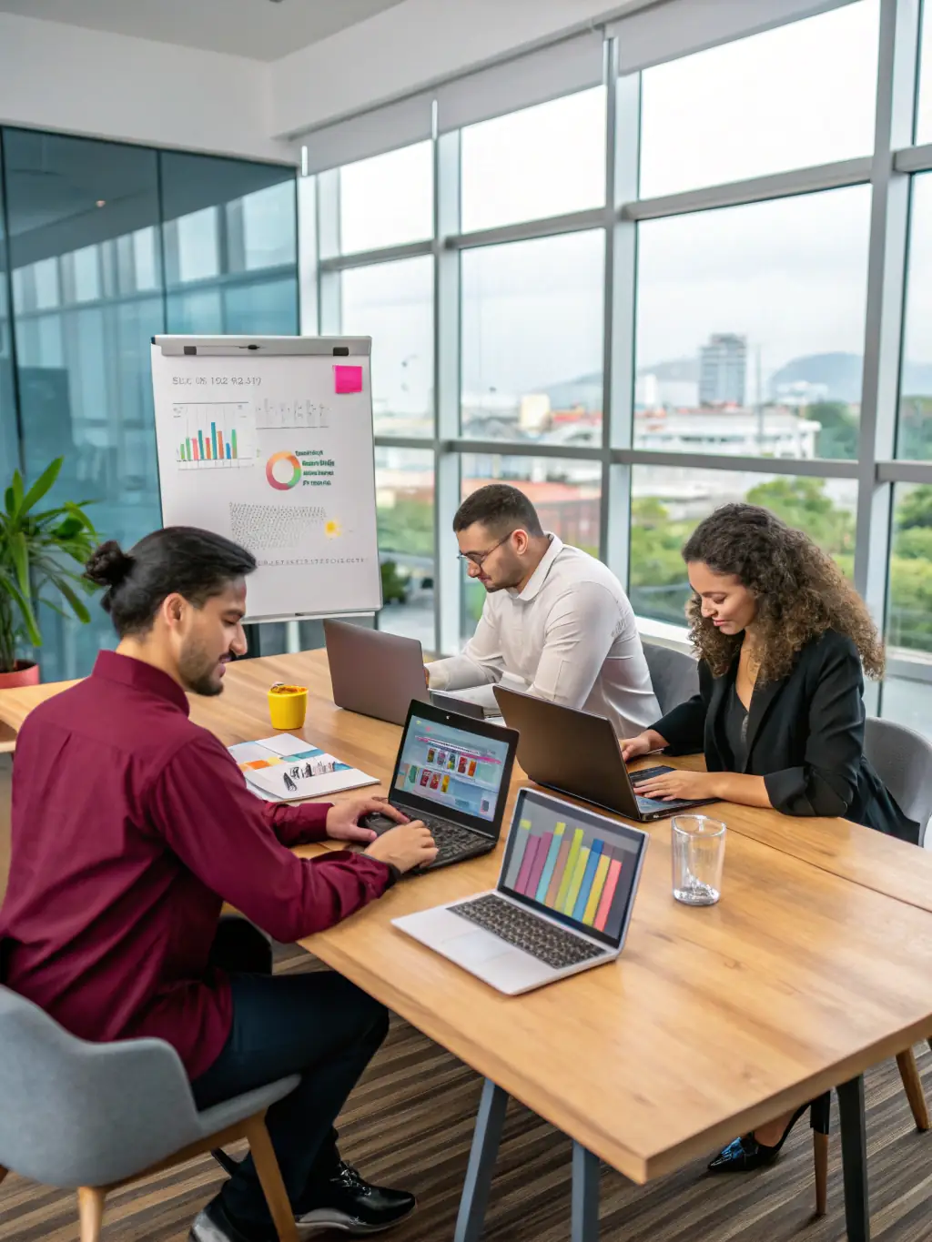 A professional photograph of the Omegacube Agency team analyzing Walmart Marketplace data on large monitors in a modern office setting, emphasizing their expertise.