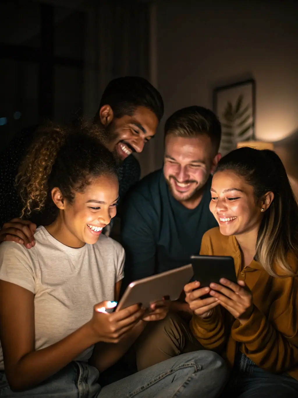 A diverse group of customers happily browsing an online store on various devices, showcasing the reach of effective SEO strategies.