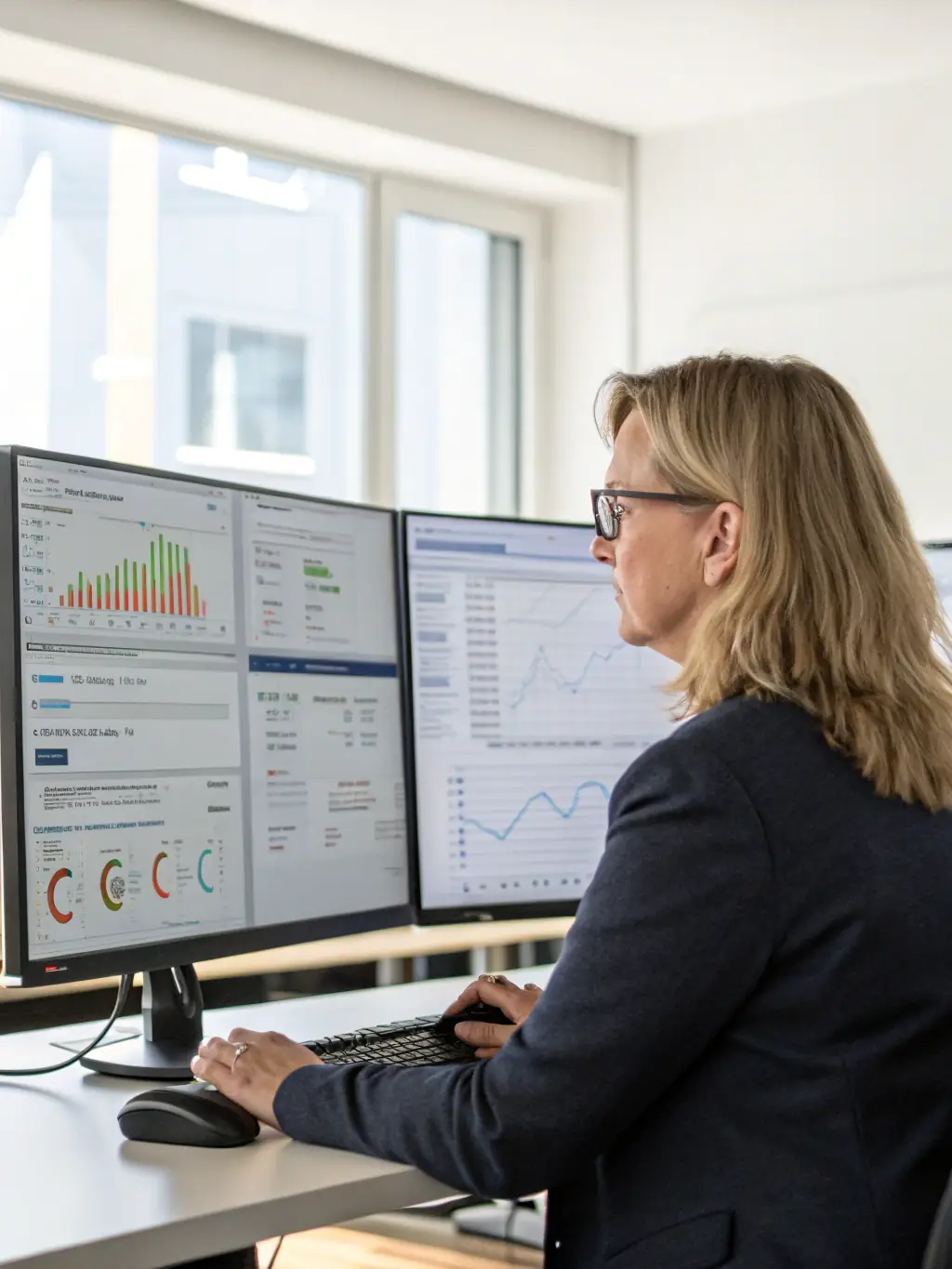 A professional SEO consultant analyzing website data on a laptop, with charts showing increased traffic and sales for an online store.