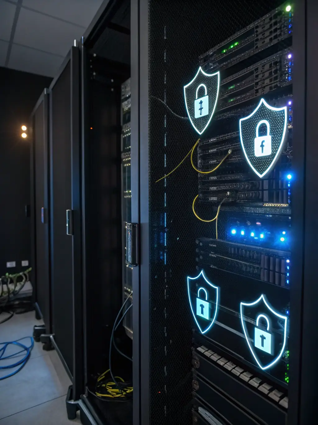 A sleek, modern server rack with glowing lights, symbolizing optimized performance and enhanced security for WordPress hosting.