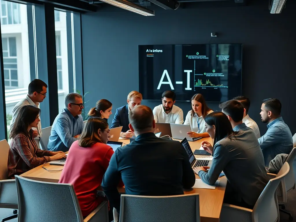 A professional workspace with a digital marketing team collaborating on a Shopify SEO strategy, using data analytics and AI tools to optimize content and site structure for a client's online store.