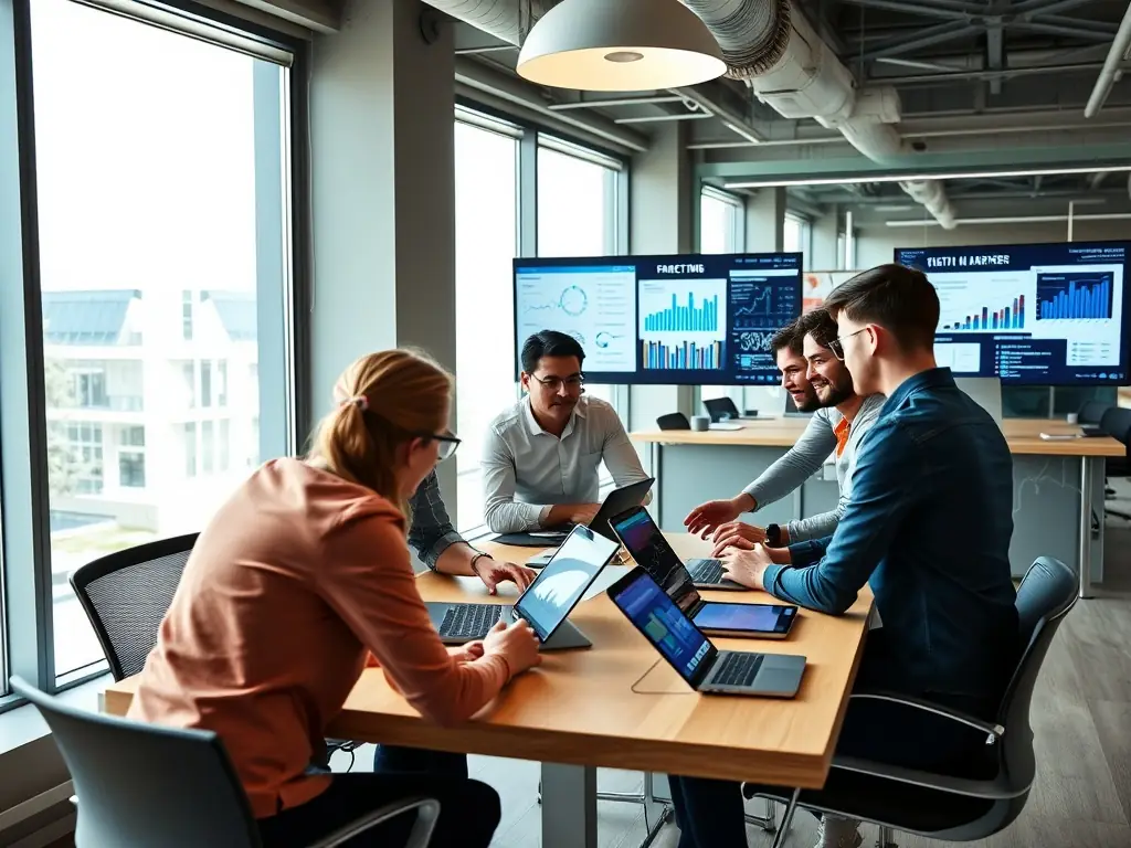 A professional workspace featuring a team of digital marketing experts collaborating on SEO strategies, with charts and data visualizations displayed on large monitors in the background, symbolizing data-driven decision-making.