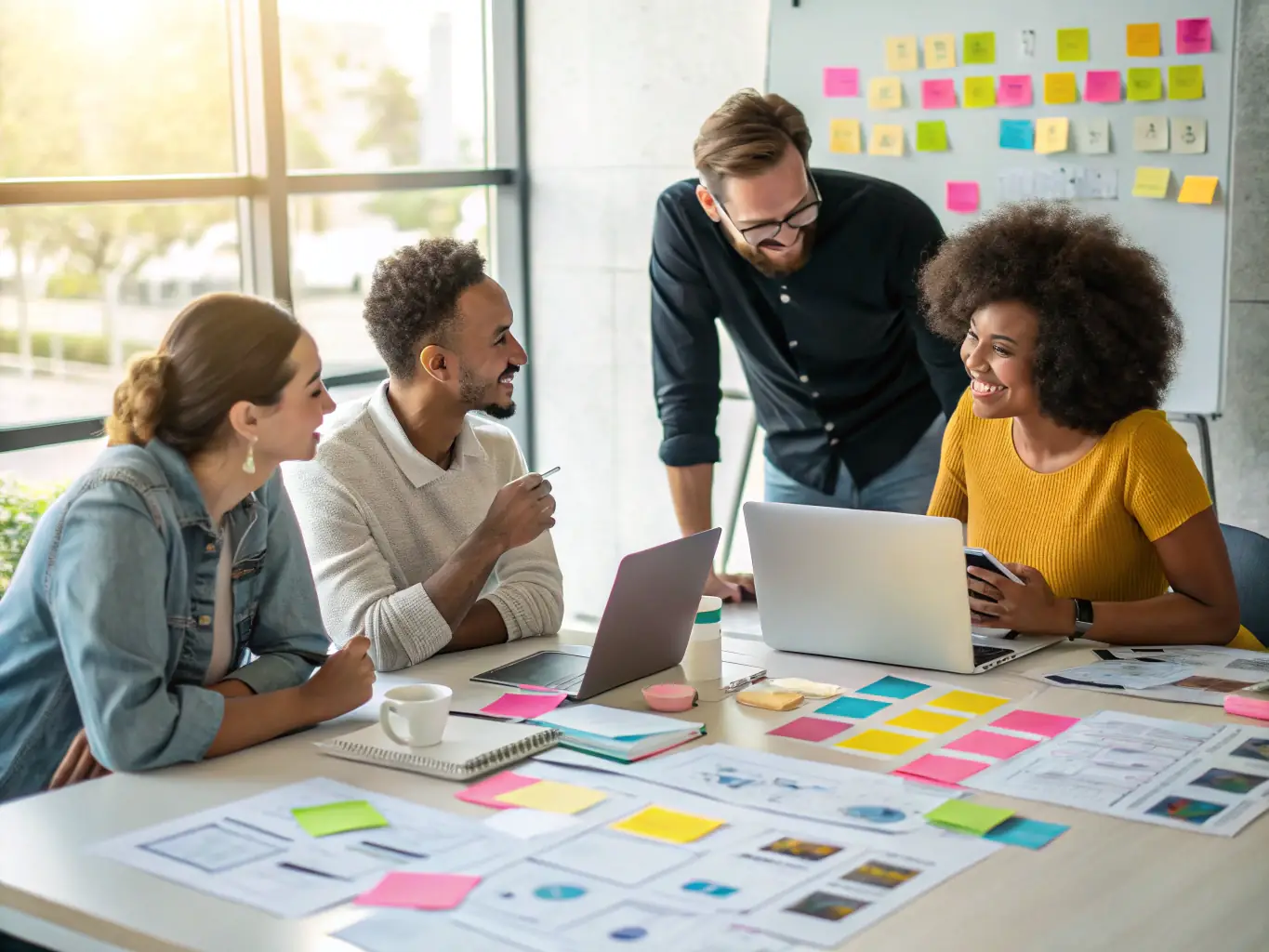 A creative content marketing team brainstorming ideas and developing engaging content for various digital platforms, including blog posts, social media updates, and email newsletters, emphasizing the importance of storytelling and audience engagement.